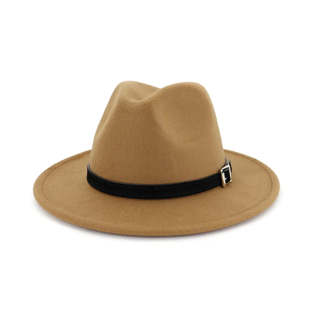 QBHAT Men Women Wide Brim Wool Felt Fedora Panama Hat With Belt Buckle Jazz Trilby Cap Party Formal Top Hat in White,black