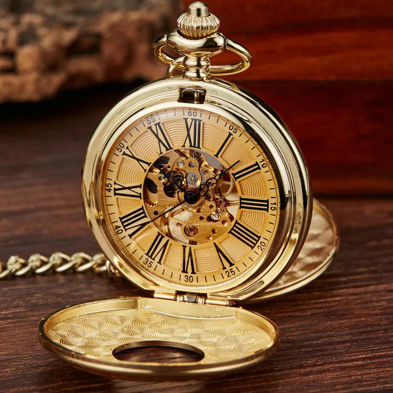 Reloj de bolsillo mecánico para hombre, estilo vintage, con caja de doble apertura, esfera con números romanos, cuerda manual y cadena con pasador, ideal para regalo.