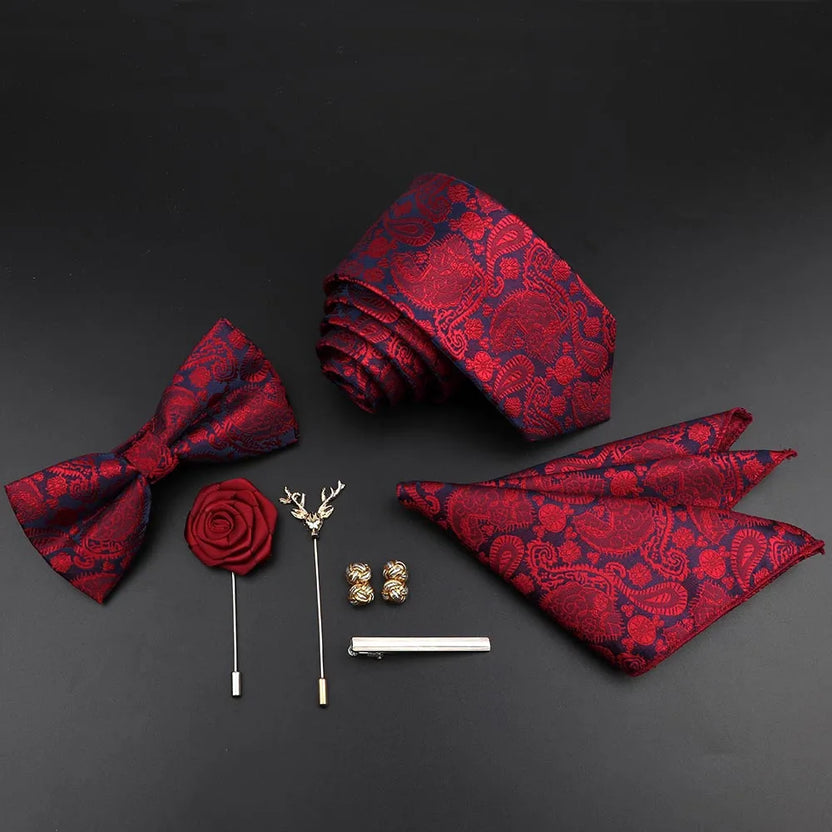 Juego de corbata y pajarita de seda de color sólido para hombre, tejido jacquard de poliéster, estilo vintage rojo azul para novio, negocios, bodas y fiestas