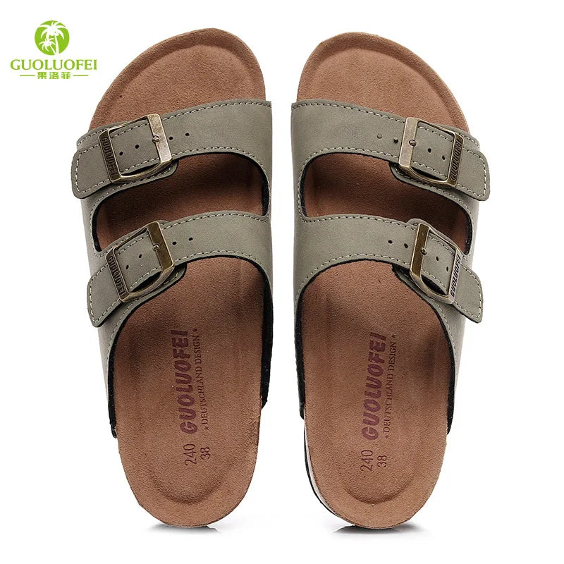 2022 New Men's PU Leather Mule Clogs Slippers High Quality Soft Cork Two Buckle Slides Footwear for Men Women Unisex 35-46