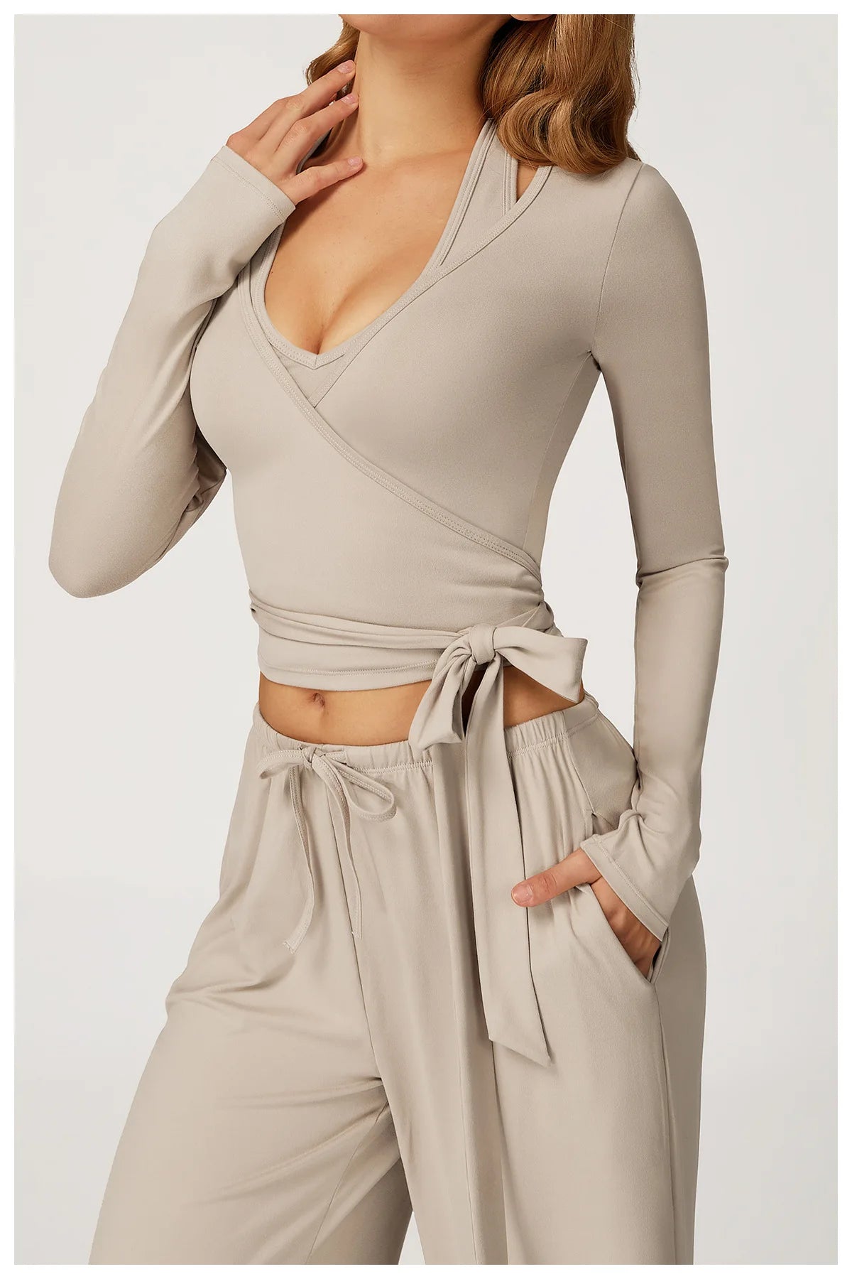 Women's Brushed Wrap Tie Long Sleeve Yoga Top Halter V-Neck Slim Fit Workout Fitness Sportswear