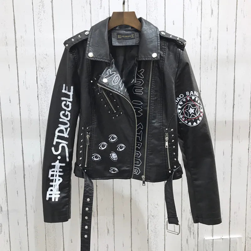 2024 New Autumn Women Winter Faux Soft Leather Jackets Coats Lady Black PU Rivet Zipper Epaulet 3D Print Motorcycle Streetwear