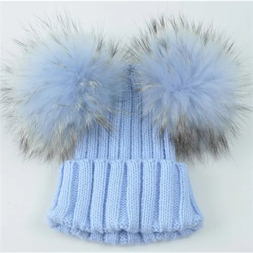 Gorro de punto para bebé de invierno con dos pompones de piel, gorro con bolas de piel natural para niños y niñas, gorro infantil con doble pompón de piel real