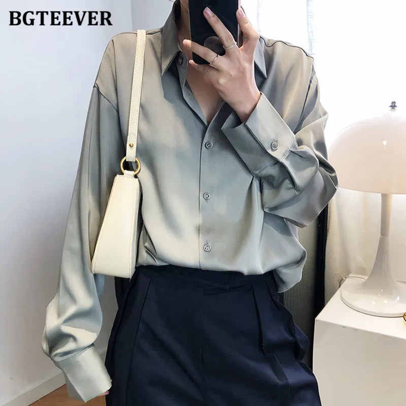 BBTEEVER 2020 Nouveau chemisier chic en satin pour femme, manches longues, col rabattu, élégant, pour le travail ou le bureau