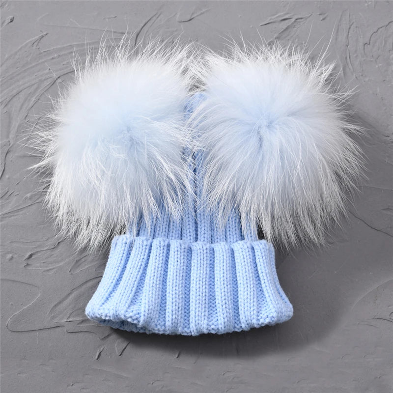 Gorro de punto para bebé de invierno con dos pompones de piel, gorro con bolas de piel natural para niños y niñas, gorro infantil con doble pompón de piel real