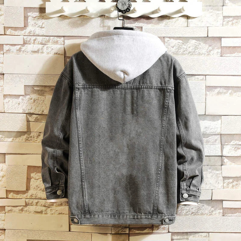 Chaqueta vaquera con capucha para hombre, estilo casual, chaqueta de mezclilla urbana, color sólido, cuello vuelto, abrigo de mezclilla con capucha desmontable.