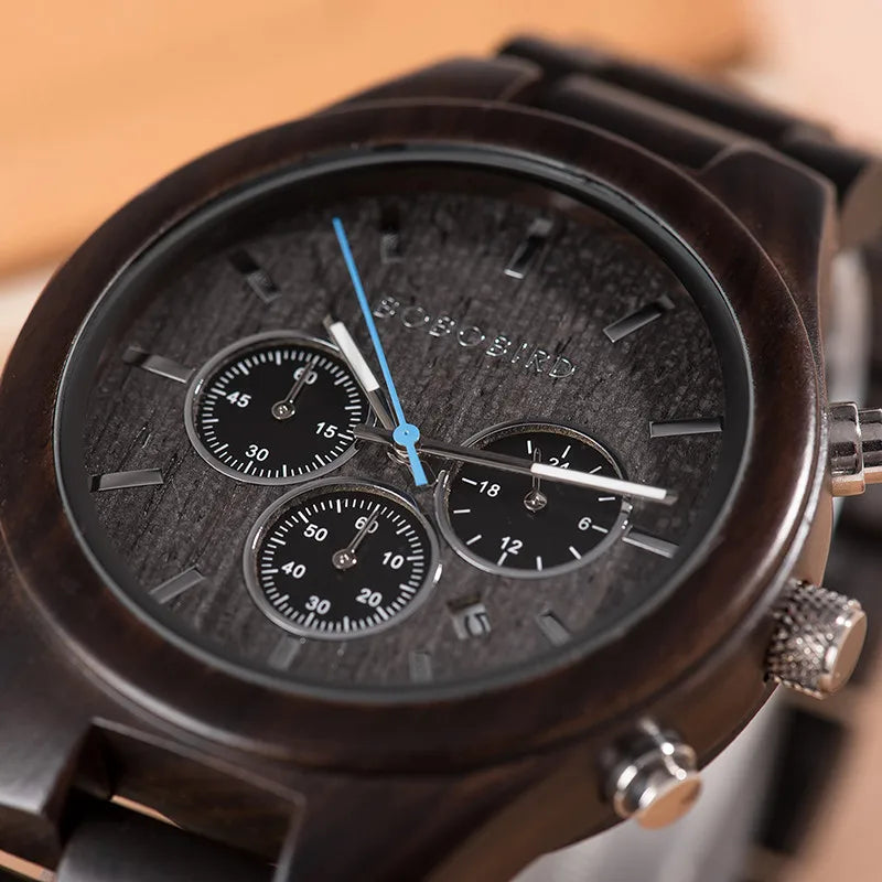 Custom Ebony Watch Luxury Wood Men Wristwatches Date Display Multi-Function Chronograph Reloj Hombre as Great Gift in Box