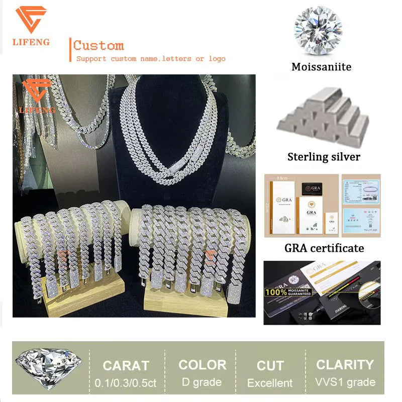Precio económico, cadena de eslabones cubanos de moissanita de 10 mm, 12 mm, 14 mm, 15 mm, 18 mm, 20 mm, collar de cadena de eslabones cubanos "iced out" de plata de ley 925