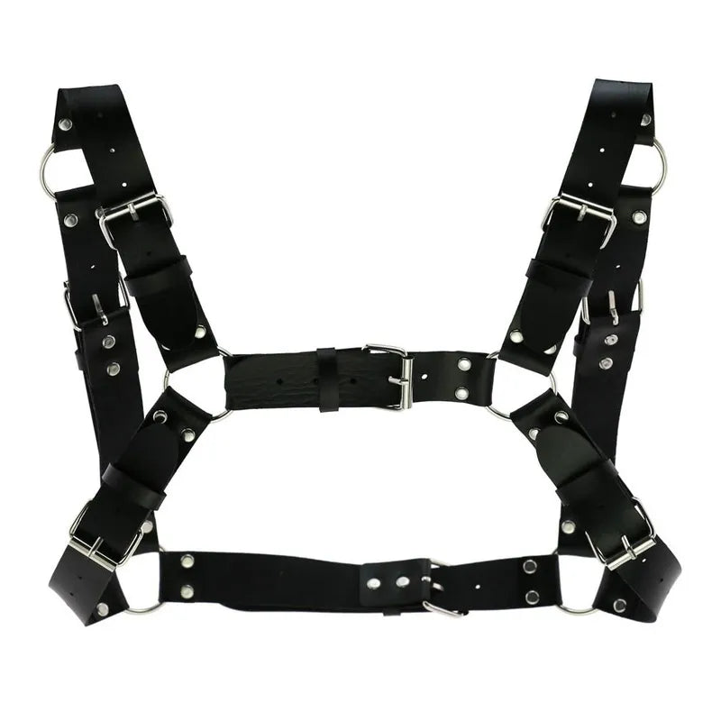 Arnés de pecho punk sexy para mujer y hombre, cadena corporal de metal enjaulado ajustable, gargantilla de cuero sintético, collar llamativo para fiesta y clubwear