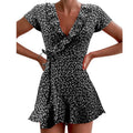 Summer Women’s Floal A-Line Dress Sweet Elegant Floral Ruffles V-Neck Bandage Short Dress for Lady Chic Flowers Mini Dress