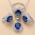 Wedding Sapphire Jewelry Set for Women Halo Pendant Necklace Earrings Ring 925 Sterling Silver Blue Gemstone Bridal Party Gift