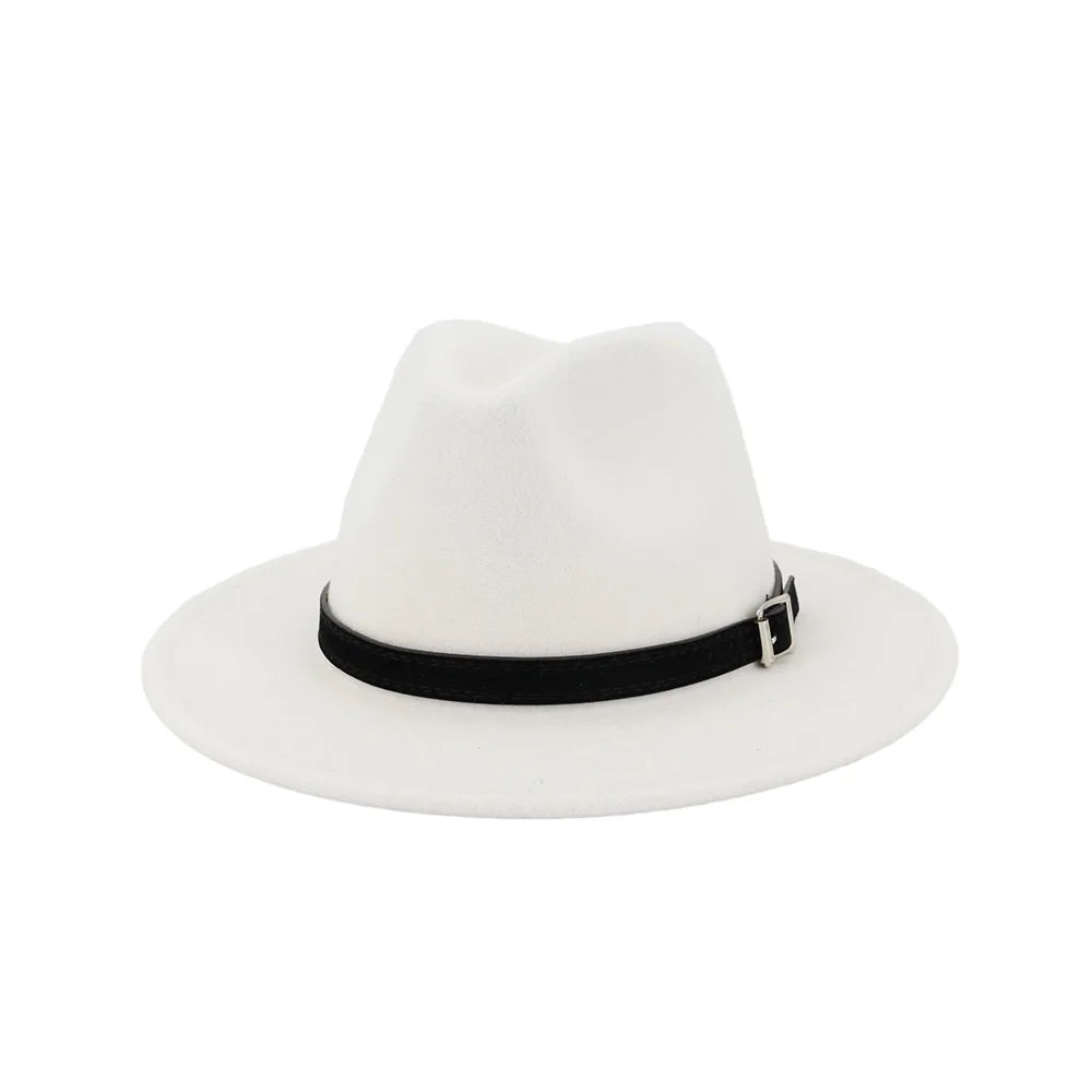 QBHAT Men Women Wide Brim Wool Felt Fedora Panama Hat With Belt Buckle Jazz Trilby Cap Party Formal Top Hat in White,black