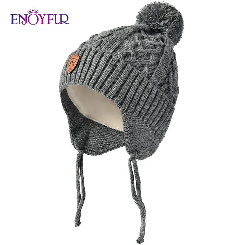 ENJOYFUR Warm Winter Baby Knitted Hats Real Fur Pompom Fleece Lined Boy Caps Cute Thick Kids Elastic Earflap Outdoor Ski Beanies