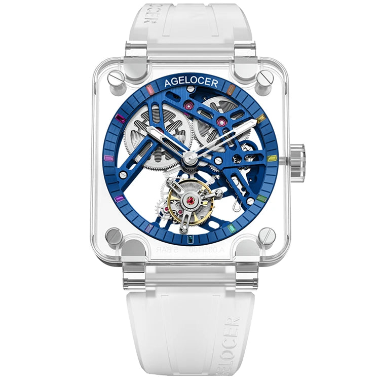 AGELOCER Limitowana edycja oryginalnego zegarka z tourbillonem, męski luksusowy zegarek mechaniczny z ręcznym naciągiem, szkieletową tarczą i kopertą ze szkła szafirowego