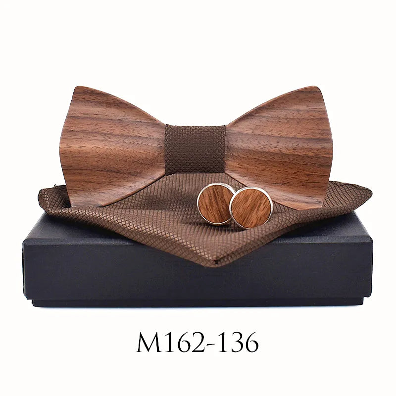 Set de pajarita de madera en 3D para hombre, pajarita geométrica hecha a mano, pañuelo de bolsillo y gemelos para boda