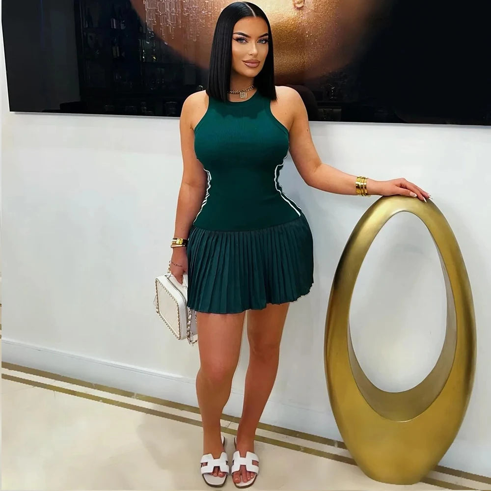 Sleeveless Mini Dress with Ribbed Texture and Pleated Skirt for Women