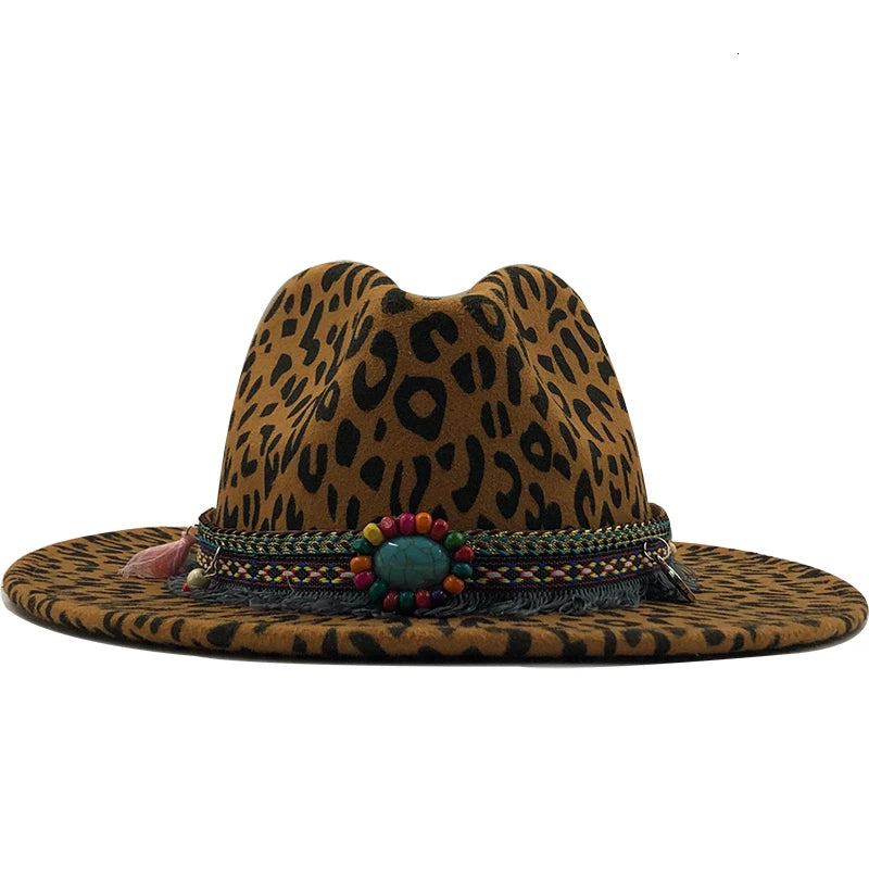 Trend Unisex Flat Brim Wool Felt Jazz Fedora Hats Men Women Leopard Grain Tassel Band Decor Trilby Panama Formal Hats 58-60cm