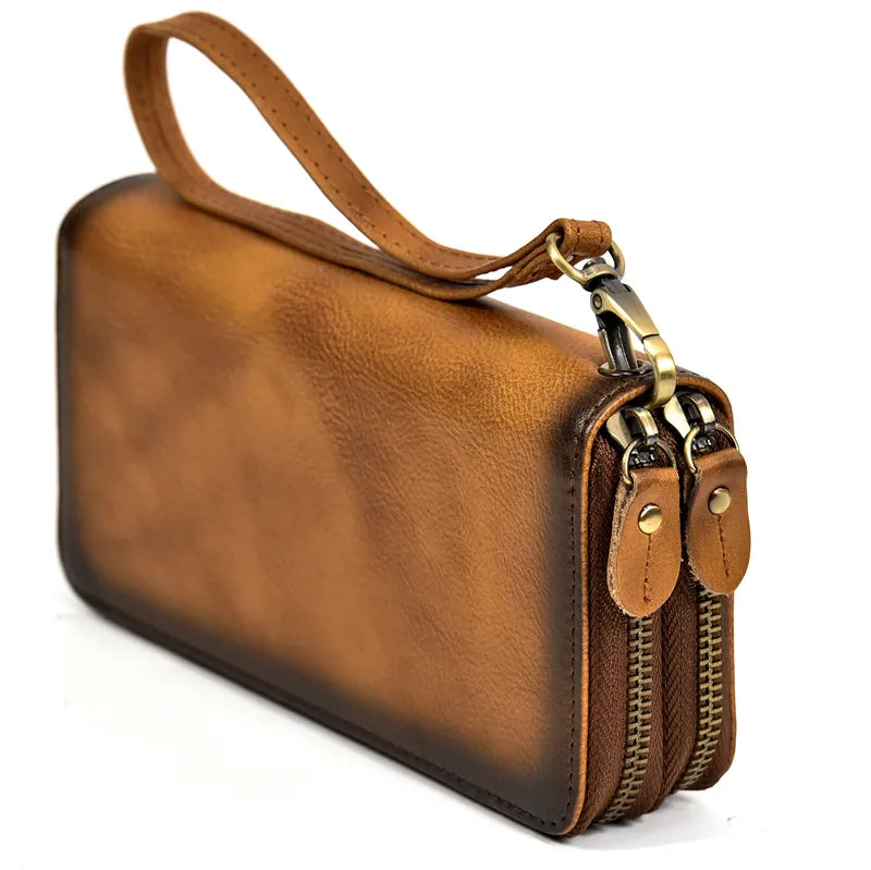 Luksusowy portfel damski i męski z podwójnym zamkiem, długi, skórzany w stylu vintage, kopertówka, etui na telefon, karty i monety, 100% prawdziwa skóra, portfel męski