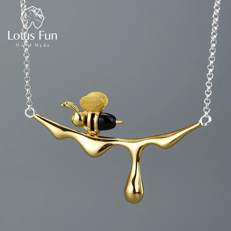 Lotus Fun 18K guld bi- och honungsdroppe-halsband, äkta 925 sterlingsilver, handgjorda lyxiga designersmycken för kvinnor