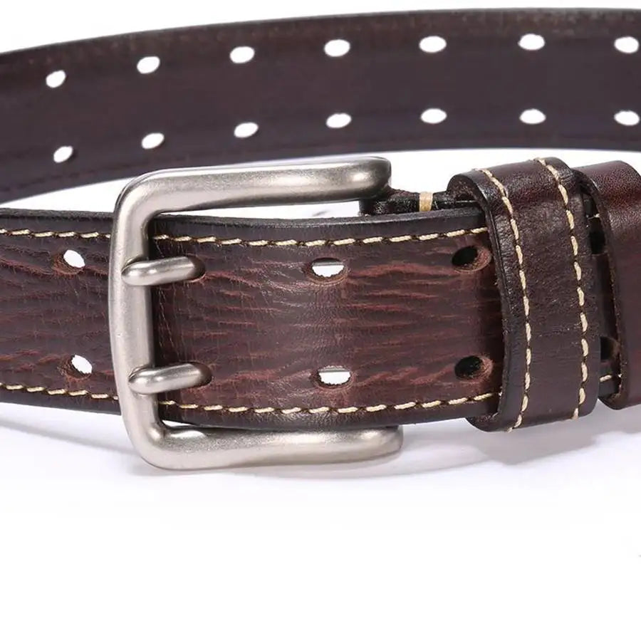 Men's Leather Double Prong Belt New Leather Belts for Men Classic Double Row Hole Belt Universal Hollowed Out Belt Jeans