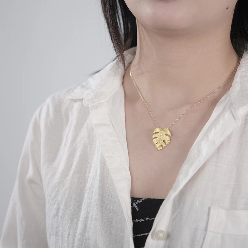 Lotus Fun Real 925 Sterling Silver Handmade Fine Jewelry 18K Gold Monstera Leaves Design Pendant Without Necklace for Women Gift