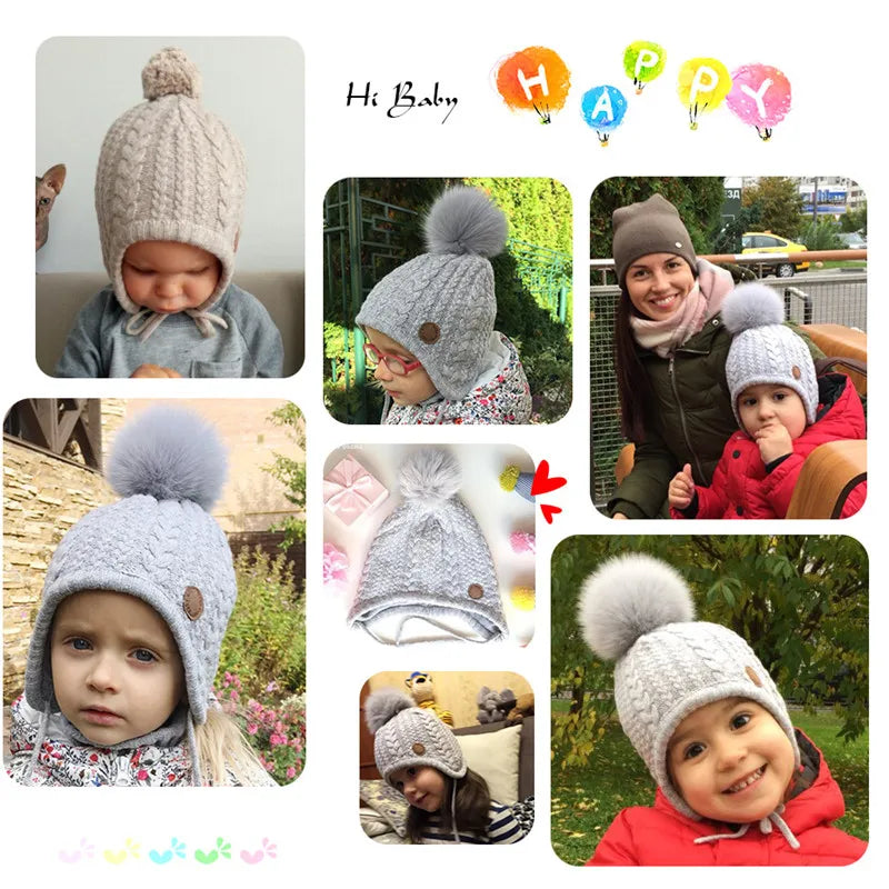 ENJOYFUR Kids Winter Knit Hats for Girl Boy Natural Fox Fur Pompom Children Bonnets Warm Thick Cute Baby Outdoor Earflap Beanies