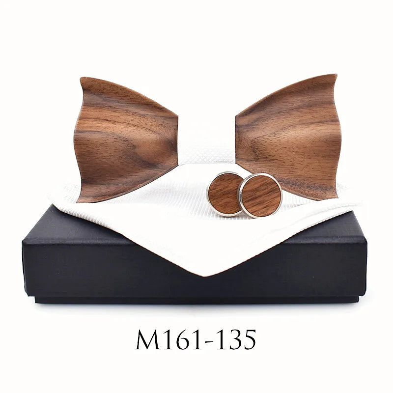 3D Wooden Bow Tie Set for Men Handmade Geometric Wedding Bowtie Pocket Square Cufflinks