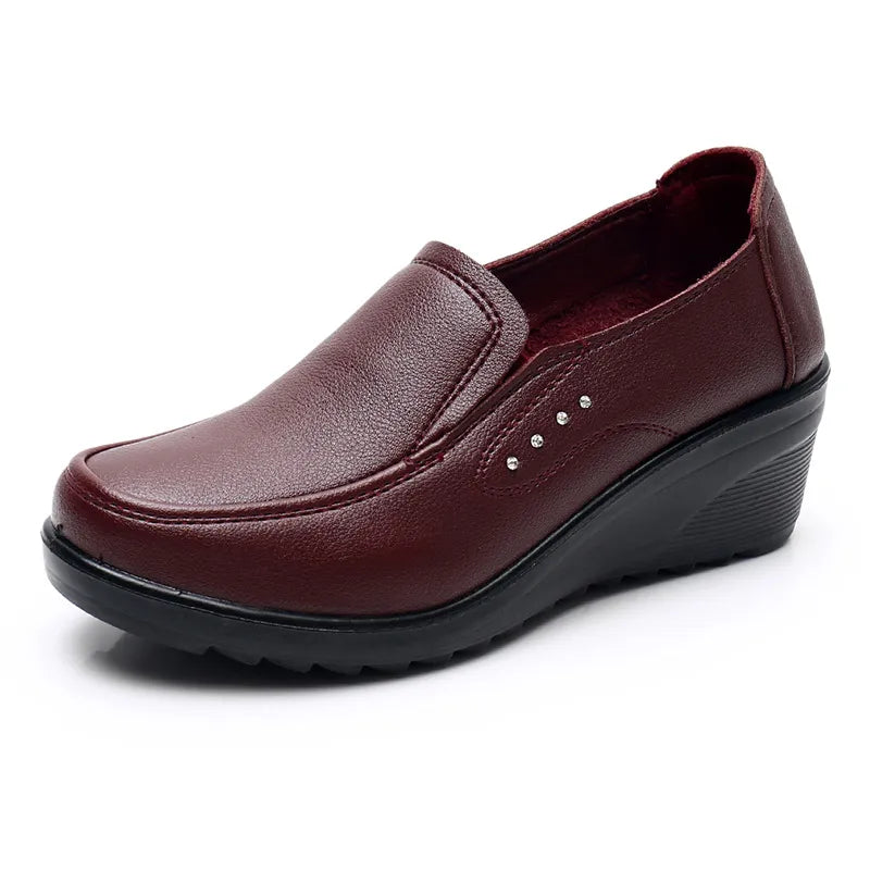 BEYARNE  Spring Autumn Women's Fashion Pumps Shoes Woman Genuine Leather Wedge Single Casual Shoes Mother High Heels shoesE175