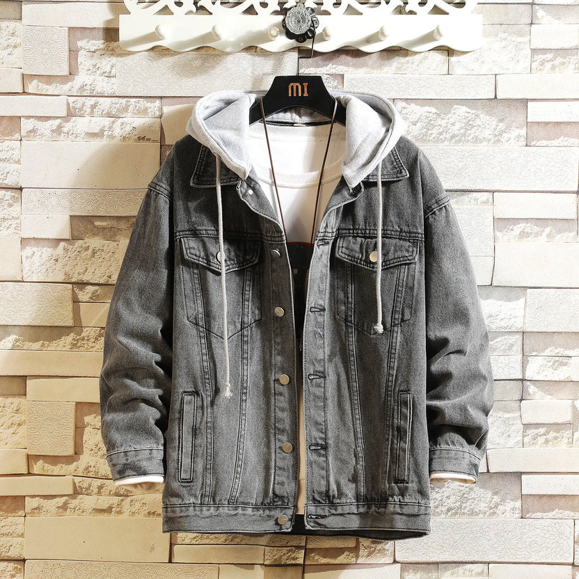 Chaqueta vaquera con capucha para hombre, estilo casual, chaqueta de mezclilla urbana, color sólido, cuello vuelto, abrigo de mezclilla con capucha desmontable.