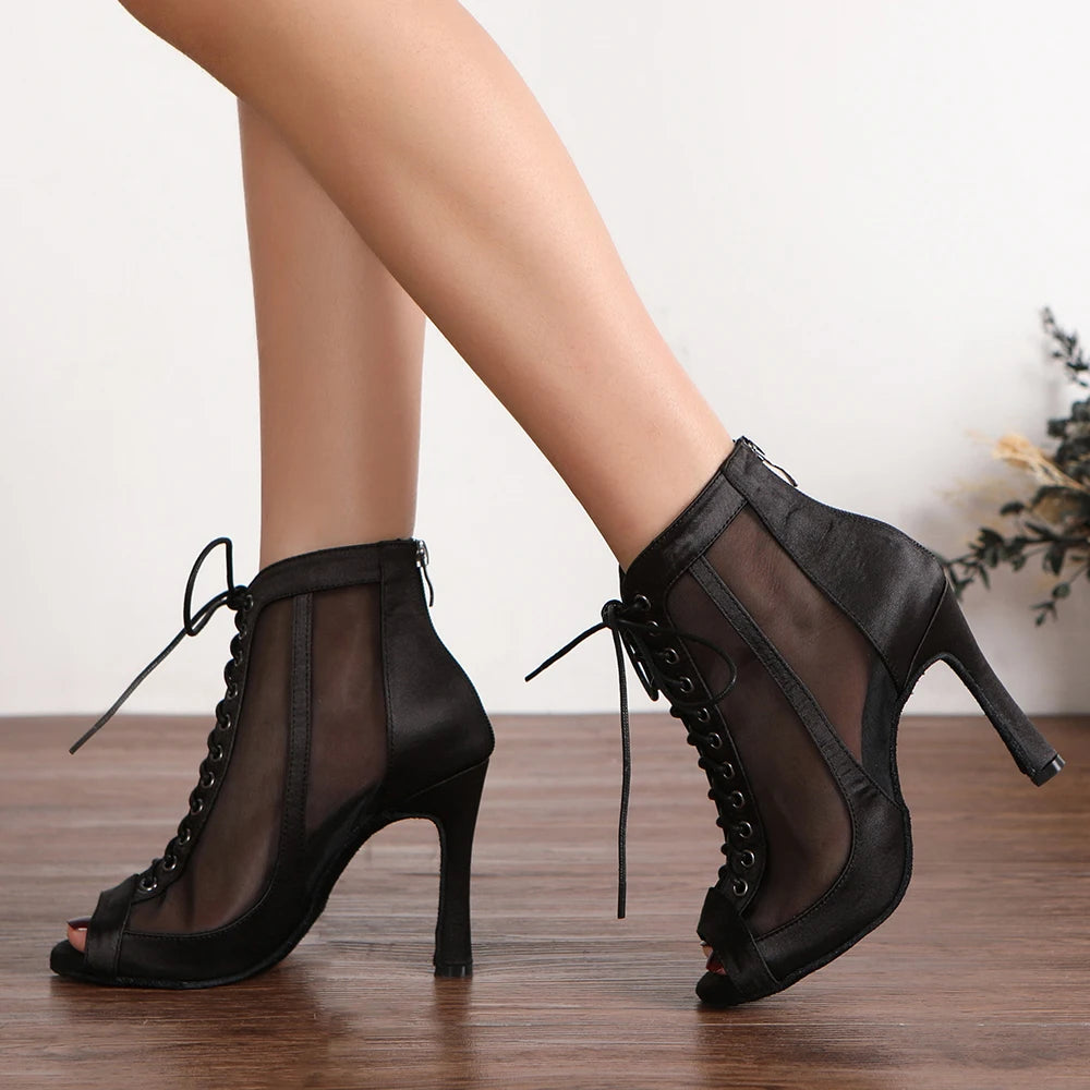 LUOQIAO Professional Satin Mid Heel Ballroom and Latin Dance Boots