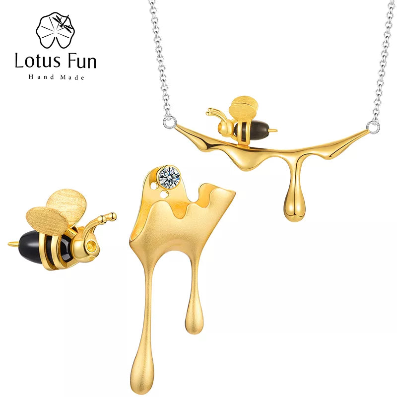 Lotus Fun 18K guld bi- och honungsdroppe-halsband, äkta 925 sterlingsilver, handgjorda lyxiga designersmycken för kvinnor