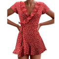 Summer Women’s Floal A-Line Dress Sweet Elegant Floral Ruffles V-Neck Bandage Short Dress for Lady Chic Flowers Mini Dress