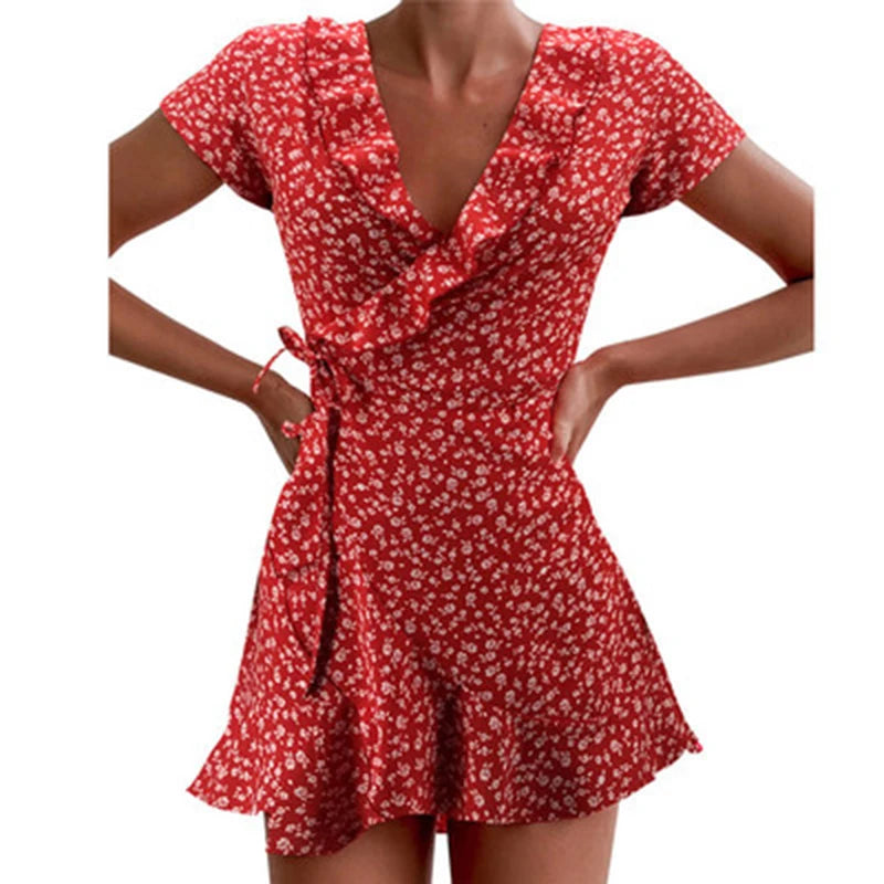 Summer Women’s Floal A-Line Dress Sweet Elegant Floral Ruffles V-Neck Bandage Short Dress for Lady Chic Flowers Mini Dress
