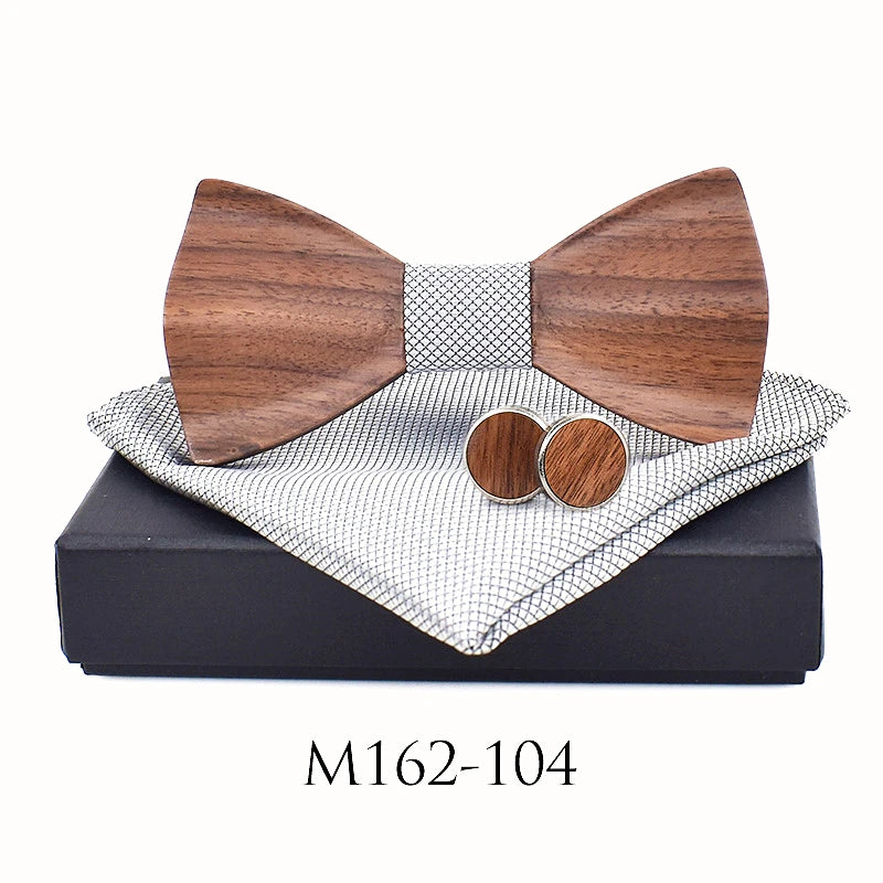 3D Wooden Bow Tie Set for Men Handmade Geometric Wedding Bowtie Pocket Square Cufflinks