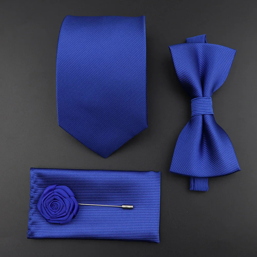 New Solid Color Silk Men Tie Set Polyester Jacquard Woven Necktie Bowtie Suit Vintage Red Blue for Groom Business Wedding Party