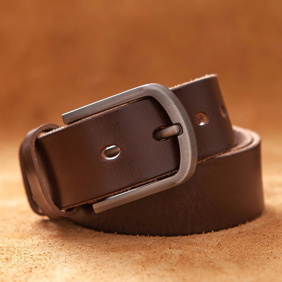 Cinturones de piel auténtica de vaca para hombre, diseño de lujo, estilo de moda de alta calidad, cinturón vaquero vintage para hombre, color marrón