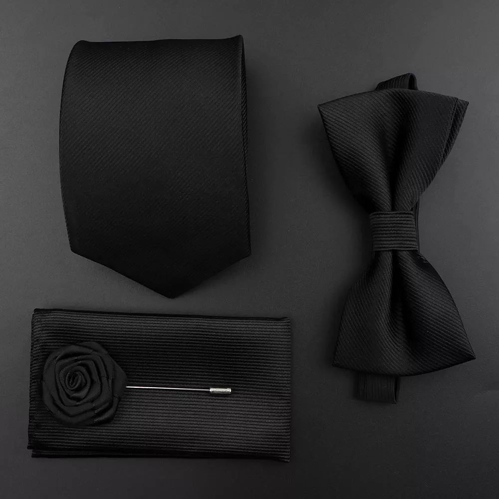 New Solid Color Silk Men Tie Set Polyester Jacquard Woven Necktie Bowtie Suit Vintage Red Blue for Groom Business Wedding Party