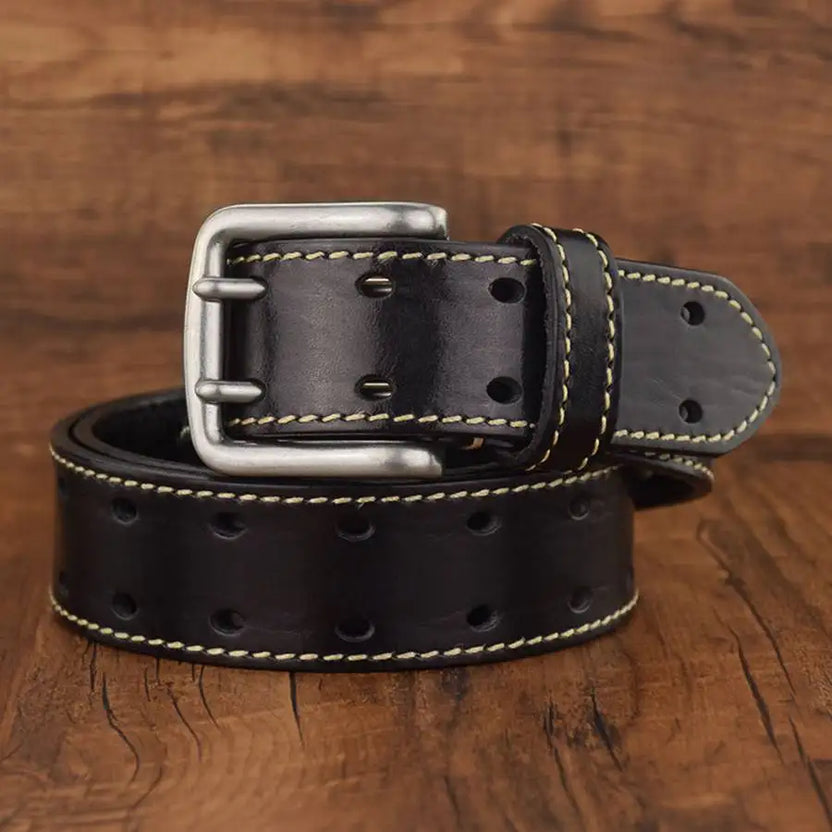 Men's Leather Double Prong Belt New Leather Belts for Men Classic Double Row Hole Belt Universal Hollowed Out Belt Jeans