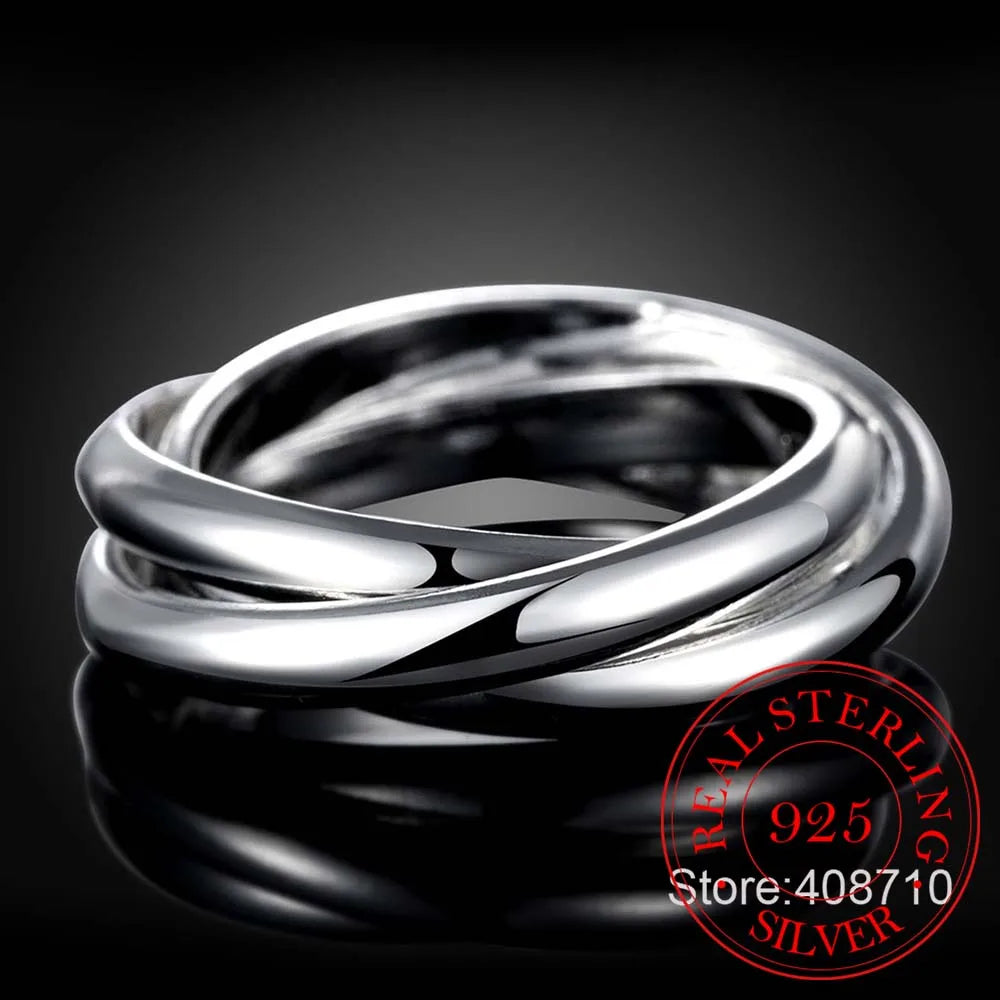 Nuevos y hermosos anillos de moda de plata de ley 925, tres círculos, joyería de plata.