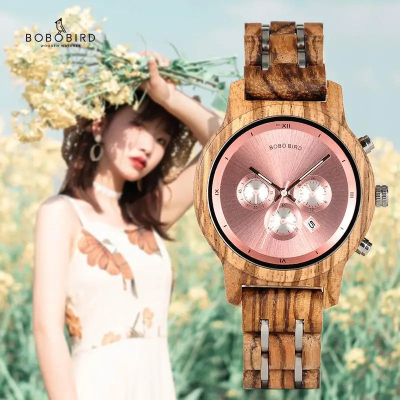 Women's Watch BOBO BIRD Ladies Watches Wood Metal Chronograph Wristwatch Customize Logo Christmas Gift Box Relogio Dropshipping