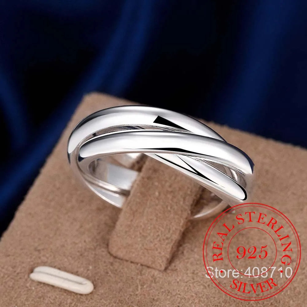 Nuevos y hermosos anillos de moda de plata de ley 925, tres círculos, joyería de plata.