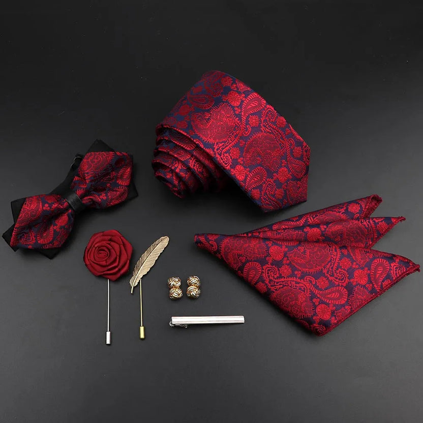 Juego de corbata y pajarita de seda de color sólido para hombre, tejido jacquard de poliéster, estilo vintage rojo azul para novio, negocios, bodas y fiestas