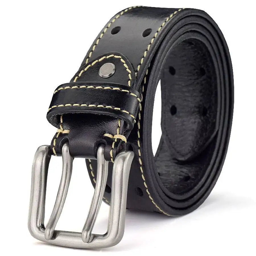 Cinturón de cuero de doble hebilla para hombre, cinturones de cuero nuevos para hombre, cinturón clásico de doble hilera de agujeros, cinturón universal calado para vaqueros