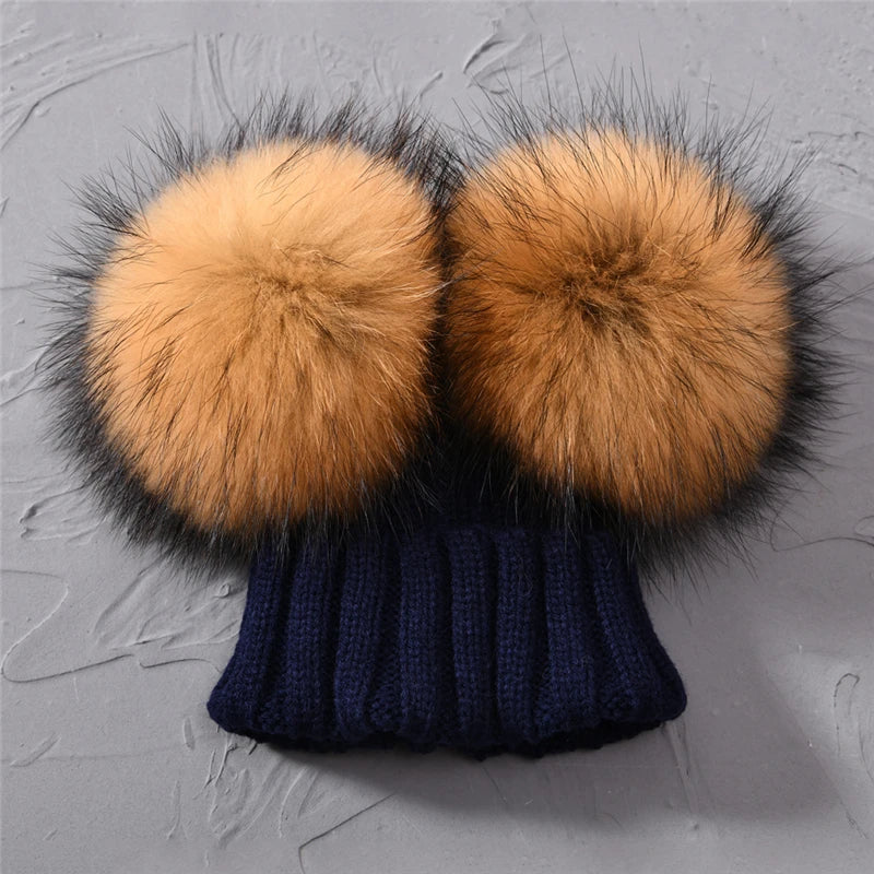 Gorro de punto para bebé de invierno con dos pompones de piel, gorro con bolas de piel natural para niños y niñas, gorro infantil con doble pompón de piel real