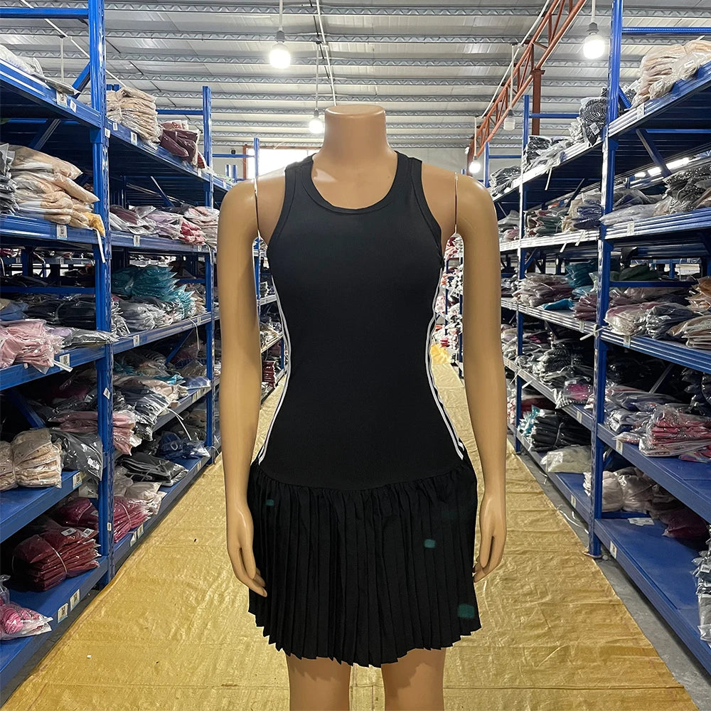 Sleeveless Mini Dress with Ribbed Texture and Pleated Skirt for Women