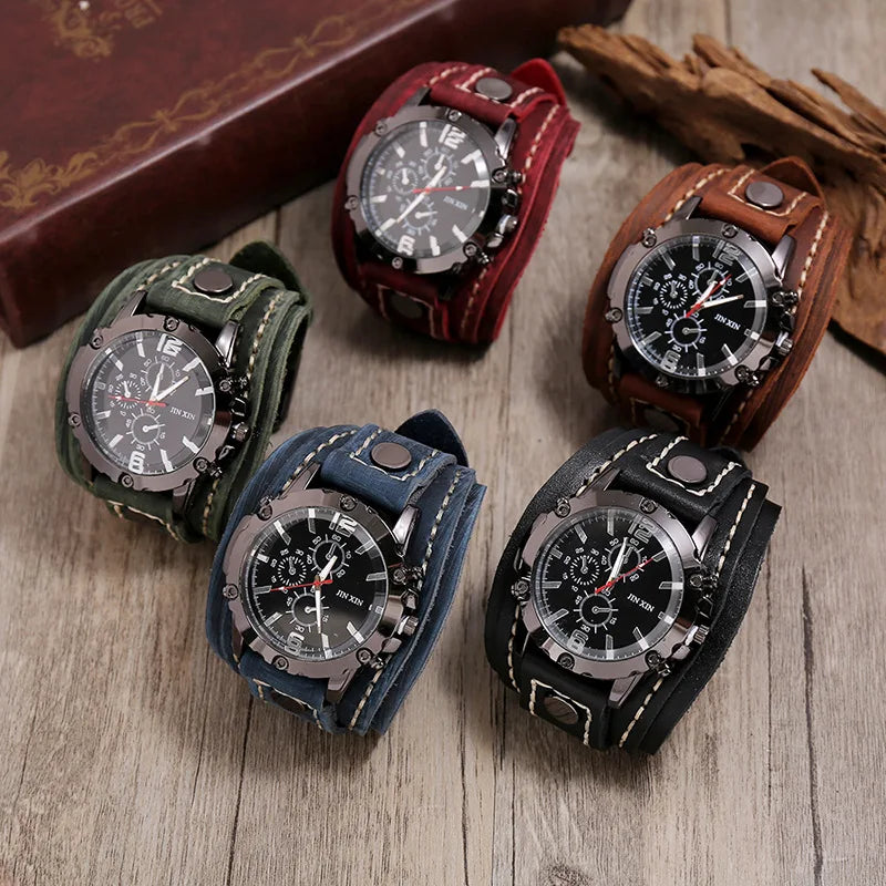 Reloj de pulsera de cuarzo para hombre 2025, reloj de moda con correa de piel de vacuno, estilo punk vintage, reloj grande y redondo con brazalete de piel auténtica ancha