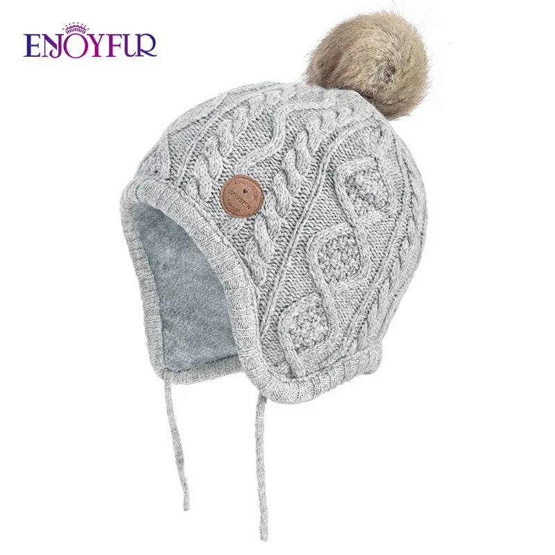 ENJOYFUR Kids Winter Knit Hats for Girl Boy Natural Fox Fur Pompom Children Bonnets Warm Thick Cute Baby Outdoor Earflap Beanies