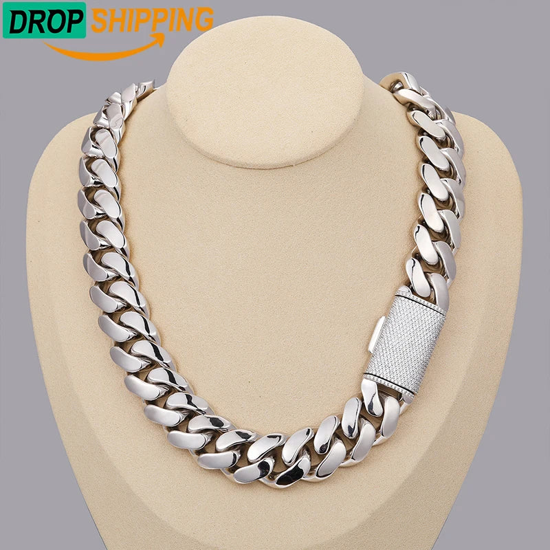 Collar de cadena cubana Miami para hombre, estilo hip hop, 20 mm, plata de ley, circonita moissanita VVS, estilo "iced out" con cierre de caja, para dropshipping