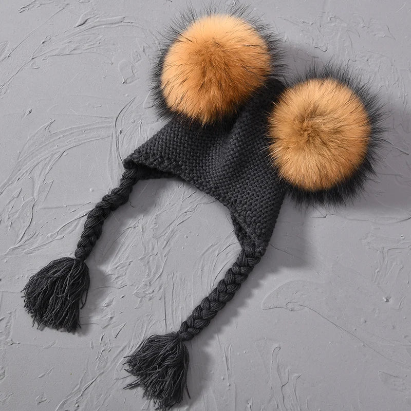Kids Real Fur Pom Pom Hat Baby Winter Crochet Earflap Hat Girls Boys Knitted Beanie Double Two Real Fur Pompom Hat for Children