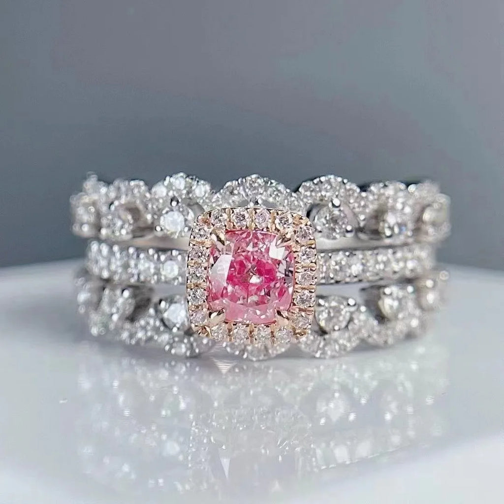 Pierścionek z certyfikowanym diamentem SGARIT, 18-karatowe złoto, diament naturalny o szlifie cushion, barwa jasny różowobrązowy, czystość SI1, 0,51 CT, zestaw pierścionków modułowych